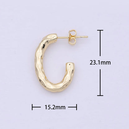 14K Gold Filled J Shaped Hammered Rustic Stud Hoops Earrings  K-203