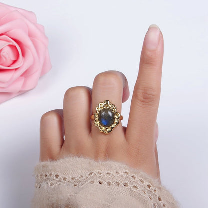 14K Gold Filled Labradorite Cabochon Dotted Abstract Ring | O1082