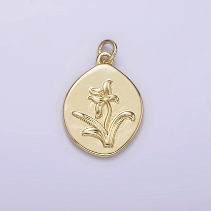 14K Gold Filled Lily May Birth Flower Hammered Stamped Personalized Double Sided Charm | AG245