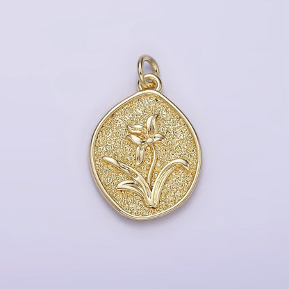 14K Gold Filled Lily May Birth Flower Hammered Stamped Personalized Double Sided Charm | AG245