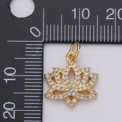 14K Gold Filled Lotus Flower Charm, Micro Pave Cubic Zirconia Mini Pendant C-246