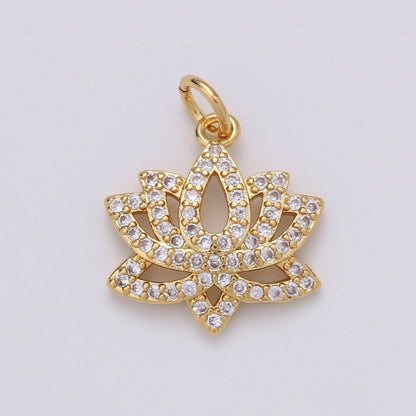 14K Gold Filled Lotus Flower Charm, Micro Pave Cubic Zirconia Mini Pendant C-246