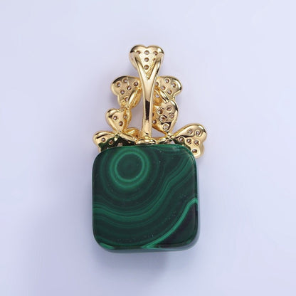 14K Gold Filled Malachite Square Micro Paved CZ Clover Bail Pendant | AA1198