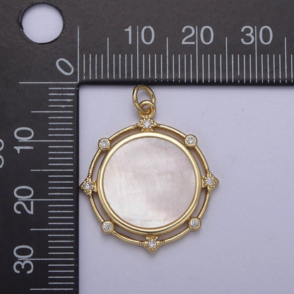 14K Gold Filled Micro CZ Pave Coin Charm with Shell Pearl Medallion Pendant for Necklace N-344