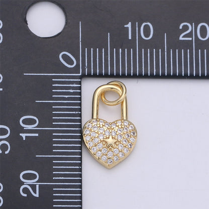 14k Gold Filled Micro Pave Heart lock Pendant , Cubic PadLock Charms Lock Bracelet Necklace Earring Charms Component C-924