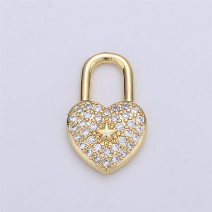 14k Gold Filled Micro Pave Heart lock Pendant , Cubic PadLock Charms Lock Bracelet Necklace Earring Charms Component C-924