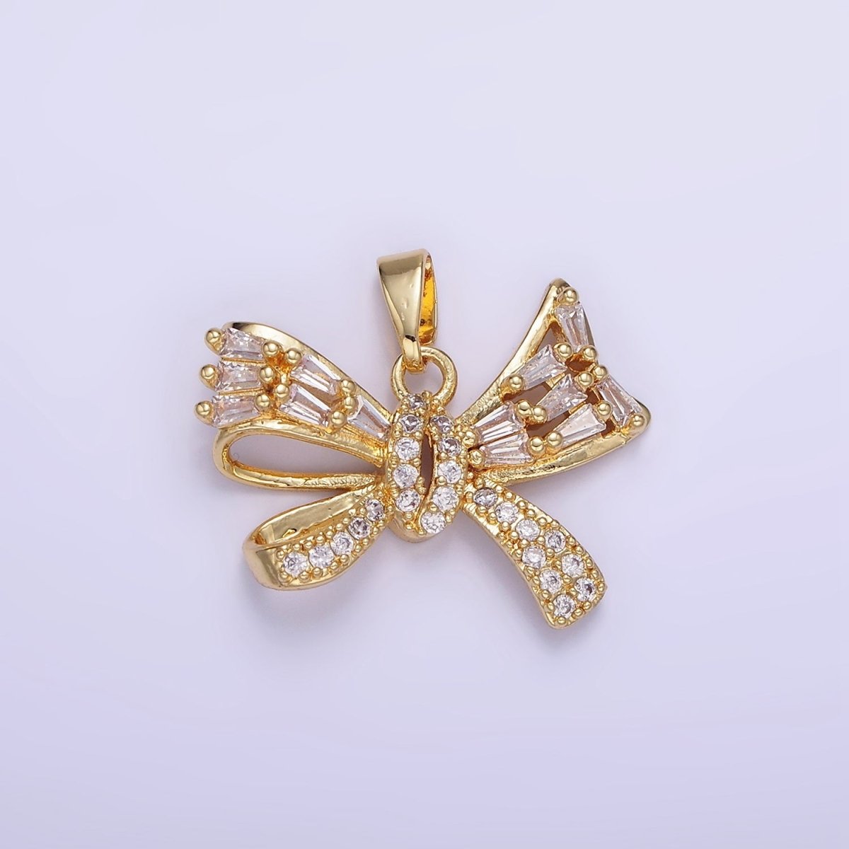 14K Gold Filled Micro Paved CZ Baguette Ribbon Bow Pendant in Gold &amp; Silver | AA1156
