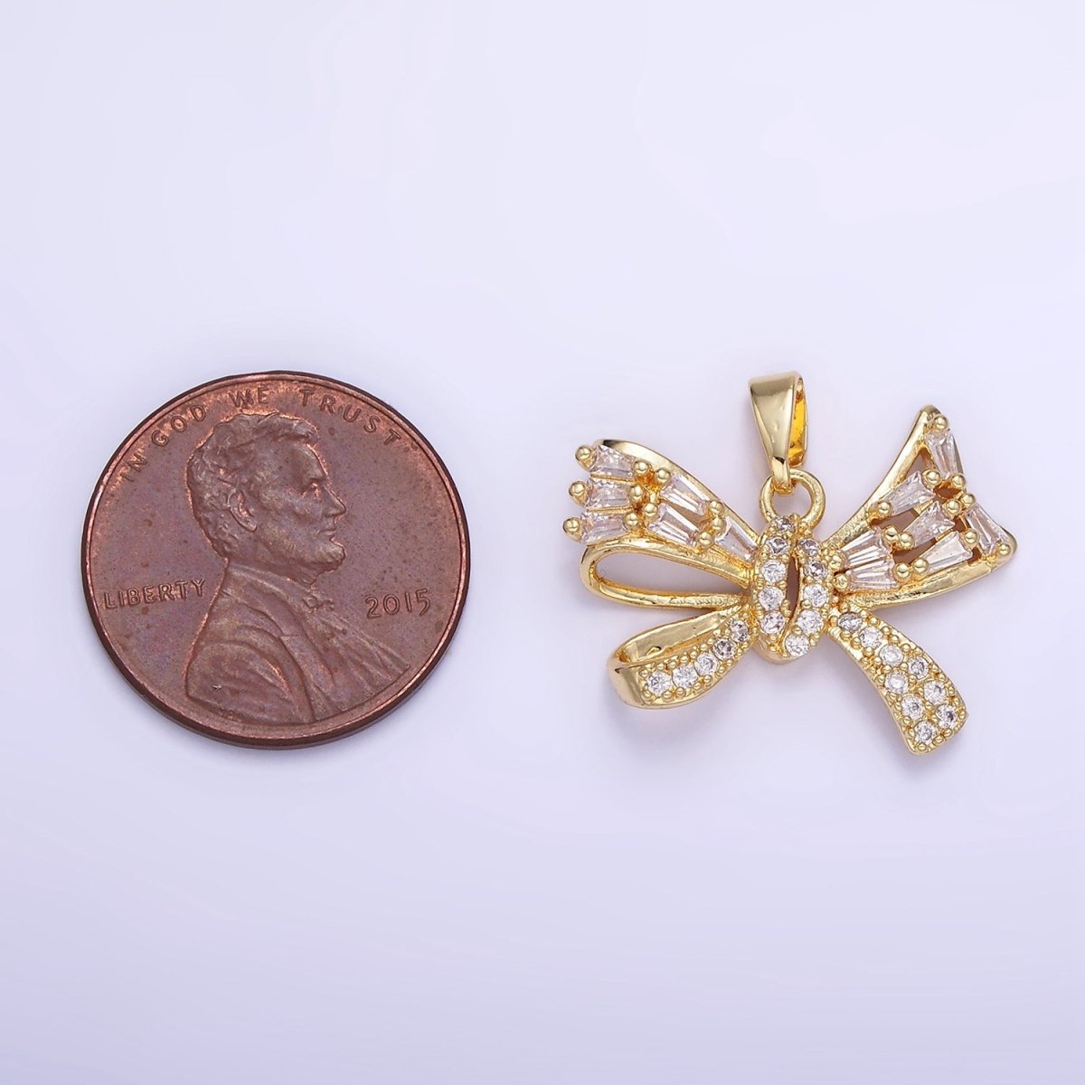 14K Gold Filled Micro Paved CZ Baguette Ribbon Bow Pendant in Gold &amp; Silver | AA1156