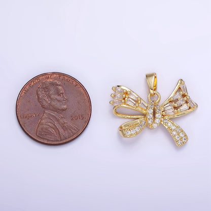14K Gold Filled Micro Paved CZ Baguette Ribbon Bow Pendant in Gold &amp; Silver | AA1156