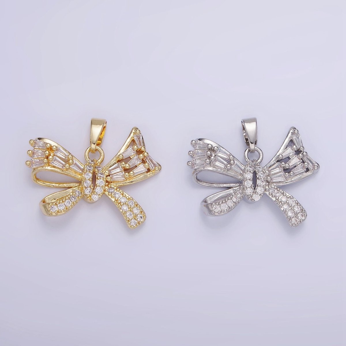 14K Gold Filled Micro Paved CZ Baguette Ribbon Bow Pendant in Gold &amp; Silver | AA1156