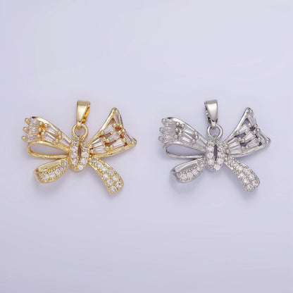 14K Gold Filled Micro Paved CZ Baguette Ribbon Bow Pendant in Gold &amp; Silver | AA1156