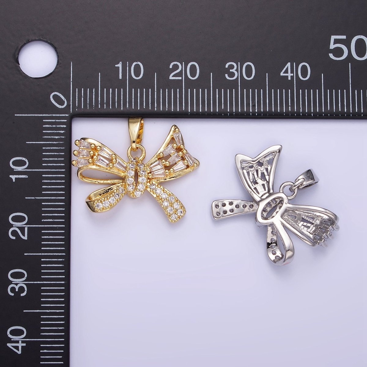 14K Gold Filled Micro Paved CZ Baguette Ribbon Bow Pendant in Gold &amp; Silver | AA1156
