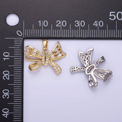 14K Gold Filled Micro Paved CZ Baguette Ribbon Bow Pendant in Gold &amp; Silver | AA1156