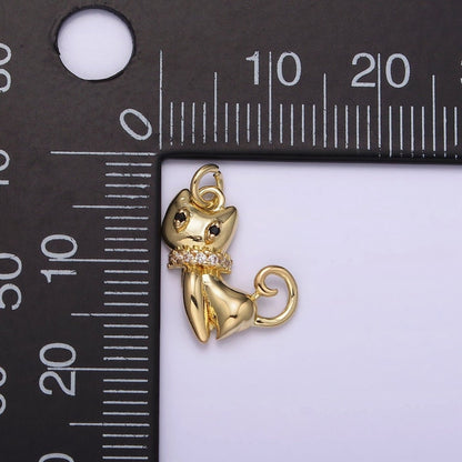14K Gold Filled Micro Paved CZ Collar Black-Eyed Kitty Cat Pet Animal Charm | AG210