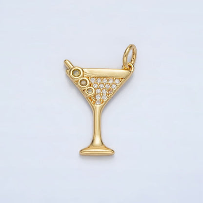 14K Gold Filled 19mm Micro Paved CZ Mini Martini Alcohol Drinks Charm in Gold &amp; Silver | M502