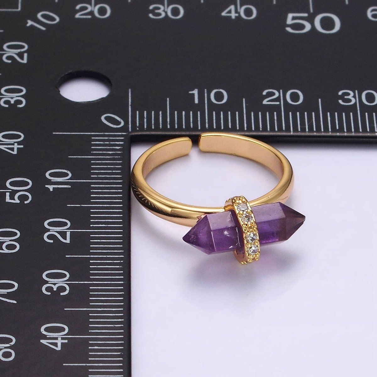 14K Gold Filled Micro Paved CZ Pointed Wand Citrine, Rose Quartz, Aquamarine, Amazonite, Howlite, Amethyst, Labradorite, Onyx Ring | O1035 - O1042