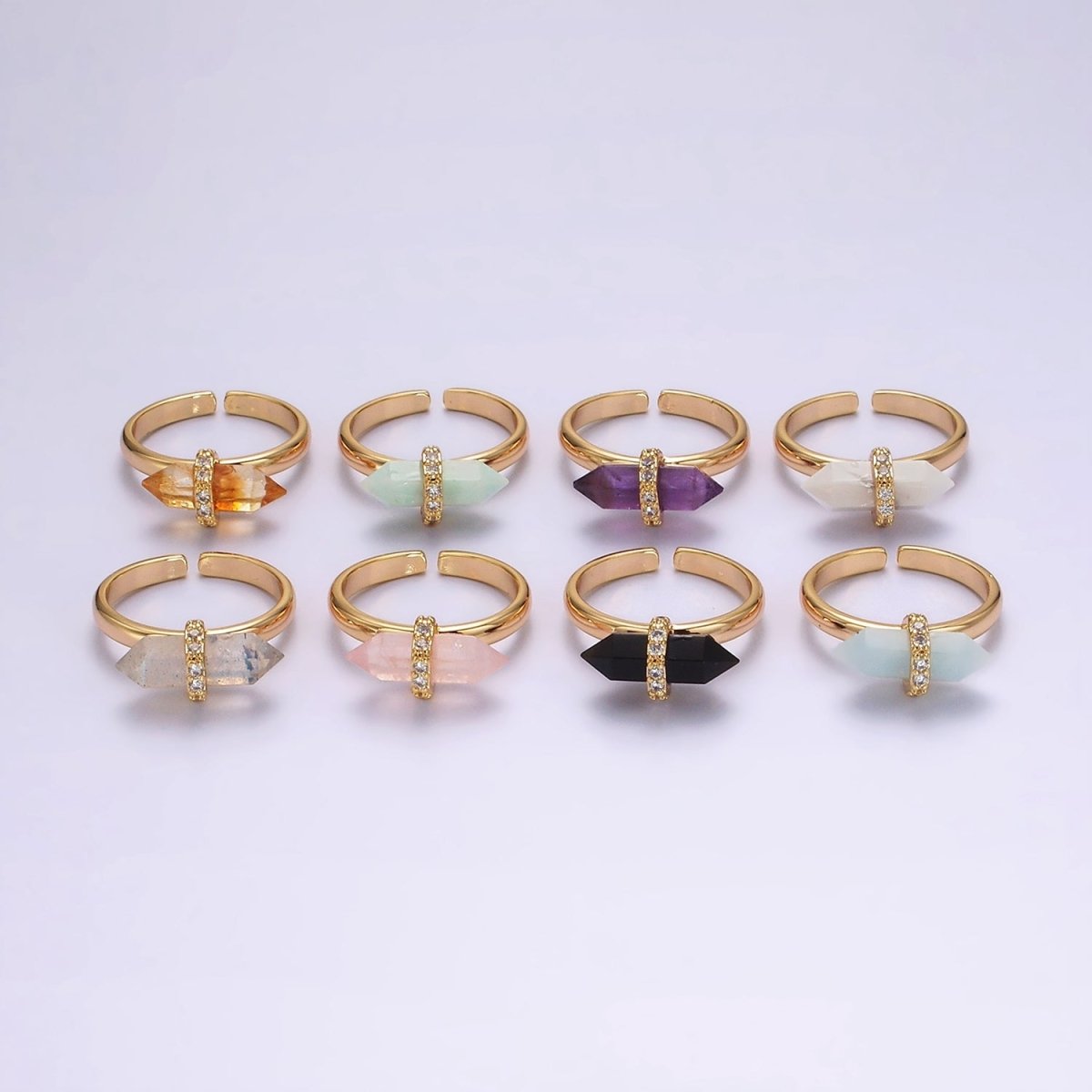 14K Gold Filled Micro Paved CZ Pointed Wand Citrine, Rose Quartz, Aquamarine, Amazonite, Howlite, Amethyst, Labradorite, Onyx Ring | O1035 - O1042