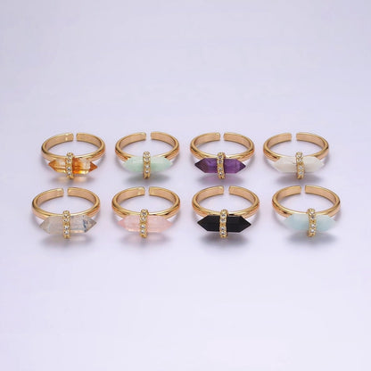 14K Gold Filled Micro Paved CZ Pointed Wand Citrine, Rose Quartz, Aquamarine, Amazonite, Howlite, Amethyst, Labradorite, Onyx Ring | O1035 - O1042