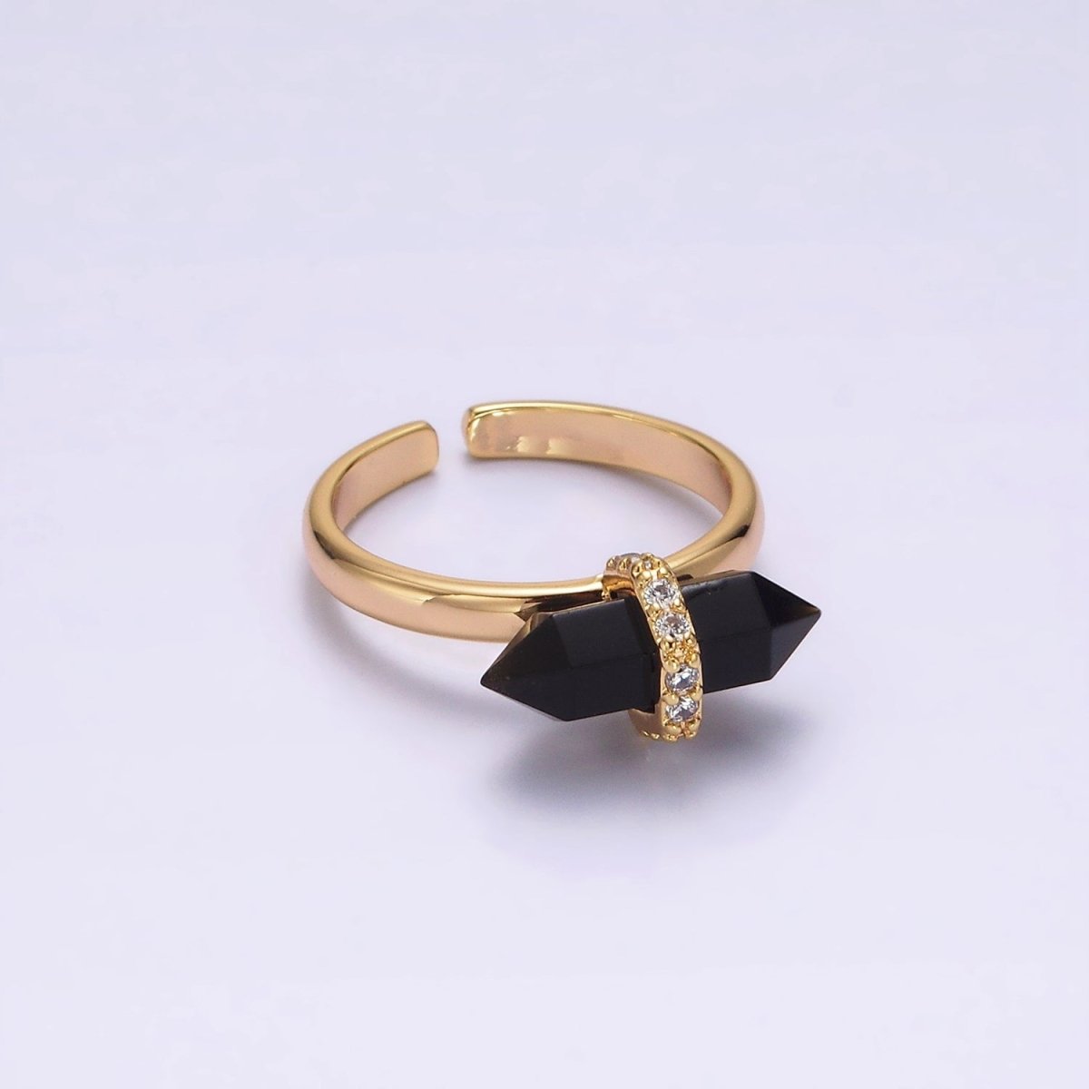 14K Gold Filled Micro Paved CZ Pointed Wand Citrine, Rose Quartz, Aquamarine, Amazonite, Howlite, Amethyst, Labradorite, Onyx Ring | O1035 - O1042