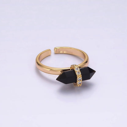 14K Gold Filled Micro Paved CZ Pointed Wand Citrine, Rose Quartz, Aquamarine, Amazonite, Howlite, Amethyst, Labradorite, Onyx Ring | O1035 - O1042