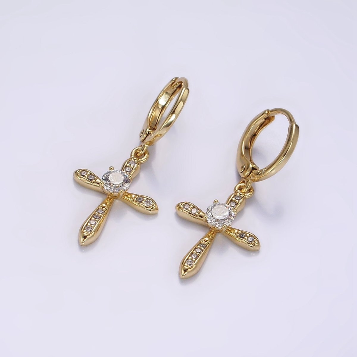 14K Gold Filled Micro Paved CZ Religious Cross Drop Huggie Earrings | AE935