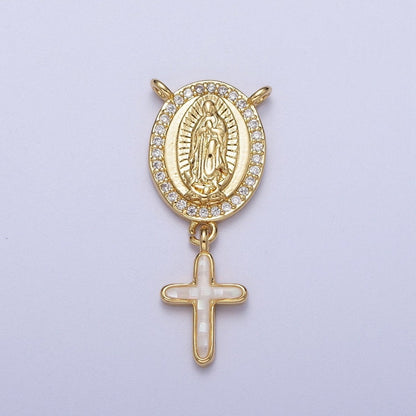 14K Gold Filled Micro Paved Lady Guadalupe Religious Cross Opal Drop Rosary Connector | Y-00630~Y-00634