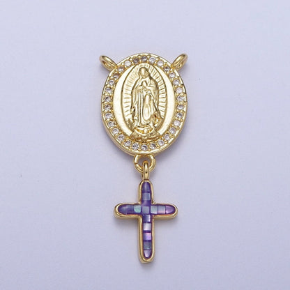 14K Gold Filled Micro Paved Lady Guadalupe Religious Cross Opal Drop Rosary Connector | Y-00630~Y-00634