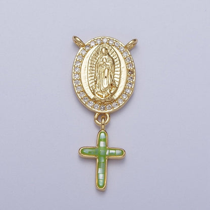 14K Gold Filled Micro Paved Lady Guadalupe Religious Cross Opal Drop Rosary Connector | Y-00630~Y-00634