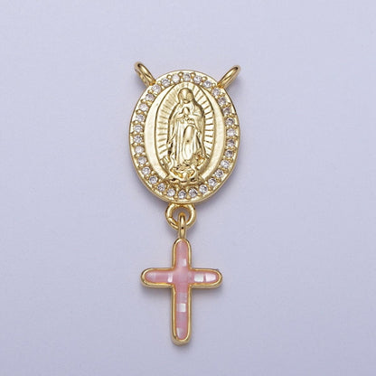 14K Gold Filled Micro Paved Lady Guadalupe Religious Cross Opal Drop Rosary Connector | Y-00630~Y-00634