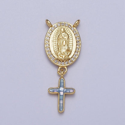 14K Gold Filled Micro Paved Lady Guadalupe Religious Cross Opal Drop Rosary Connector | Y-00630~Y-00634