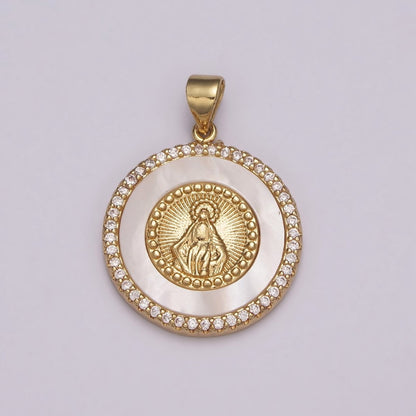14K Gold Filled Miraculous Lady / Lady Guadalupe Micro Paved CZ Shell Pearl Round Pendant N-532 N-533