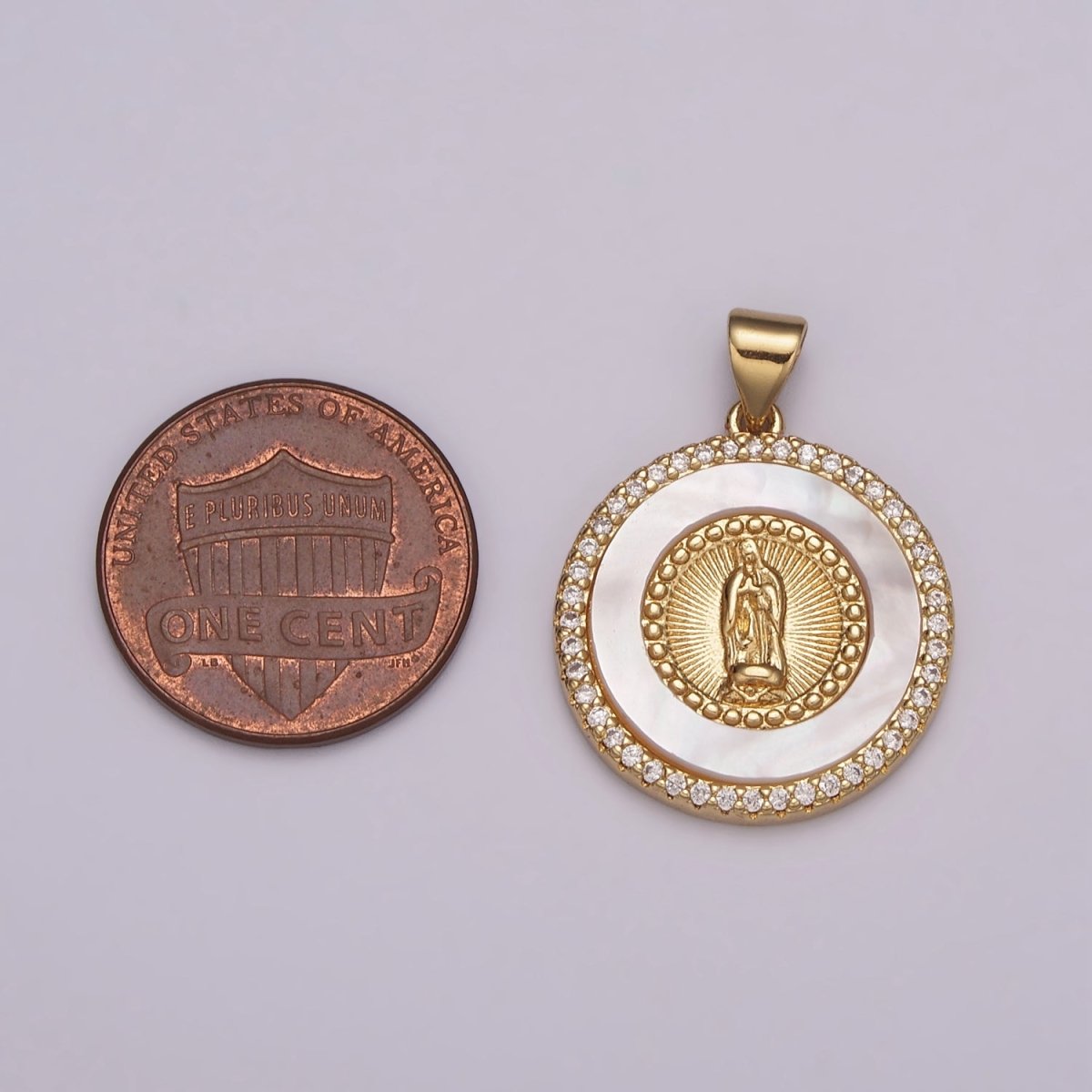 14K Gold Filled Miraculous Lady / Lady Guadalupe Micro Paved CZ Shell Pearl Round Pendant N-532 N-533