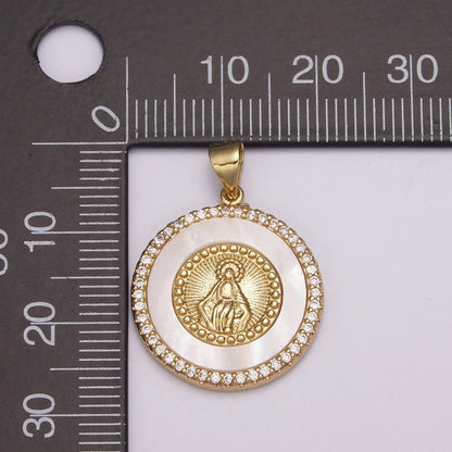 14K Gold Filled Miraculous Lady / Lady Guadalupe Micro Paved CZ Shell Pearl Round Pendant N-532 N-533