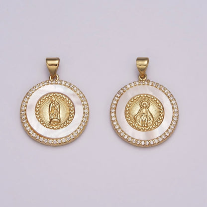 14K Gold Filled Miraculous Lady / Lady Guadalupe Micro Paved CZ Shell Pearl Round Pendant N-532 N-533