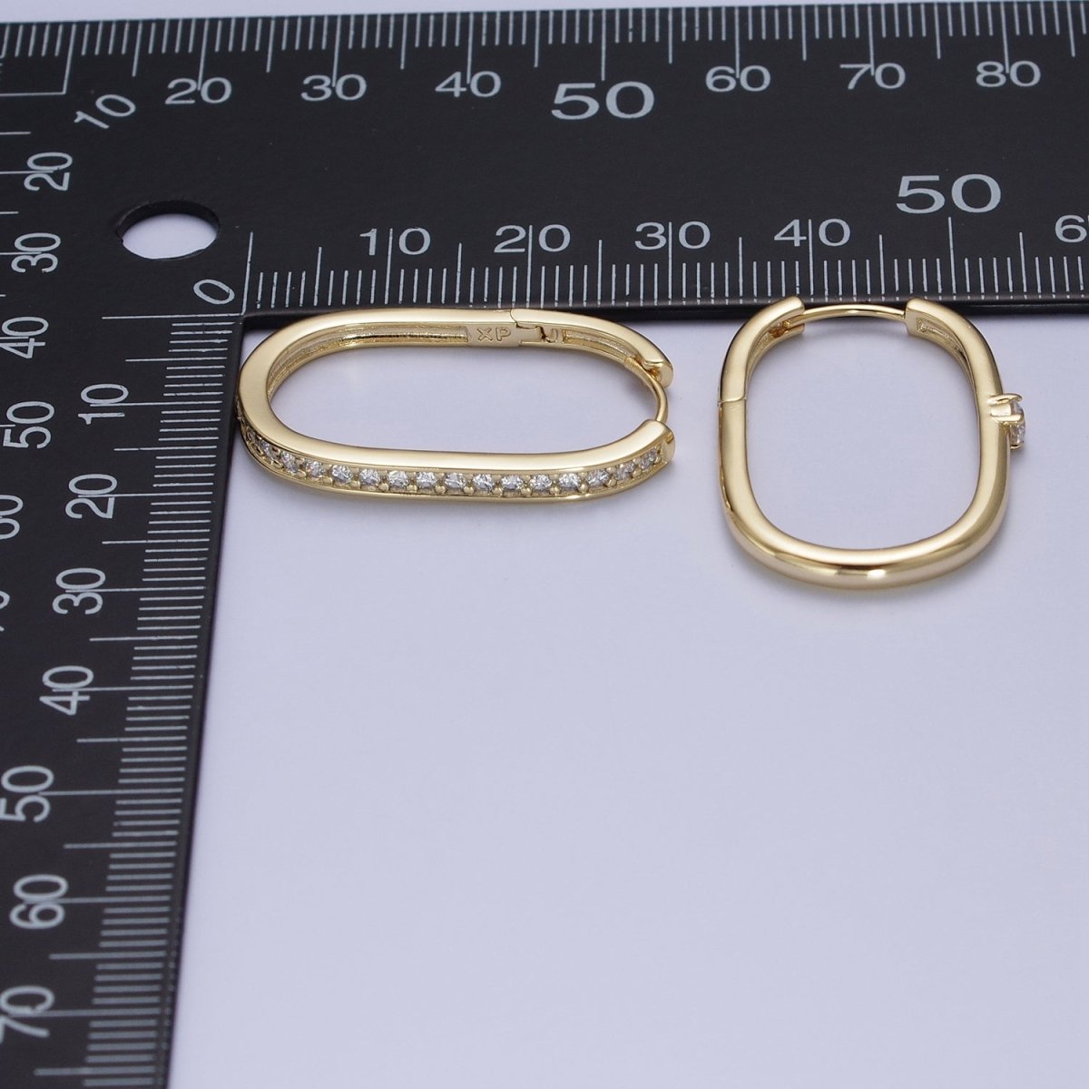14K Gold Filled Mismatched U Shaped Huggie, Micro Paved &amp; Round Cubic Zirconia Oblong Hoop Earrings Set | AD-054
