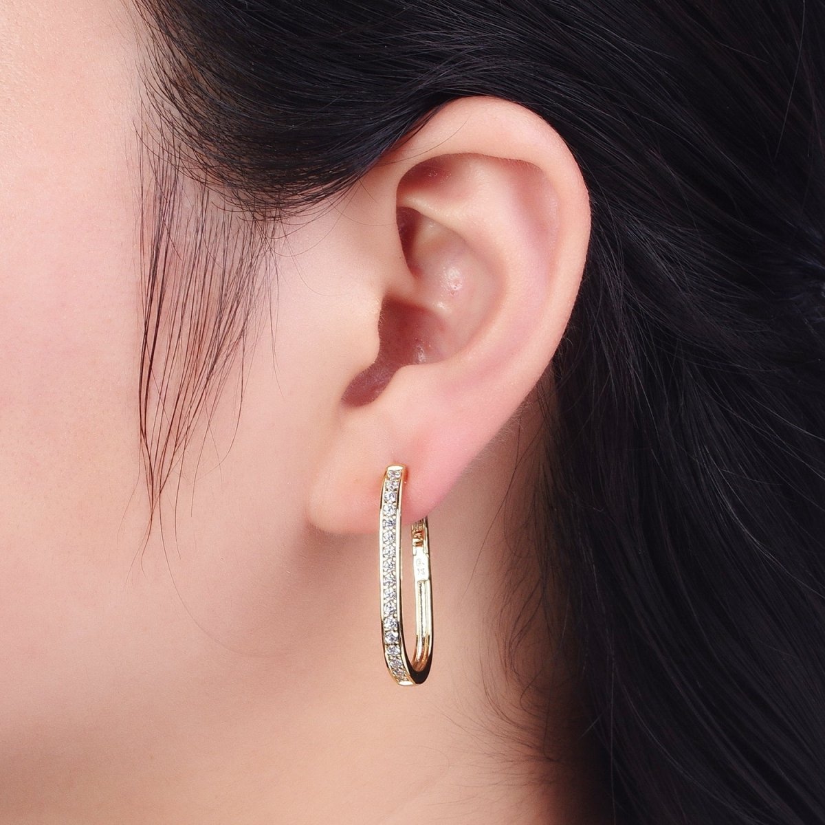 14K Gold Filled Mismatched U Shaped Huggie, Micro Paved &amp; Round Cubic Zirconia Oblong Hoop Earrings Set | AD-054