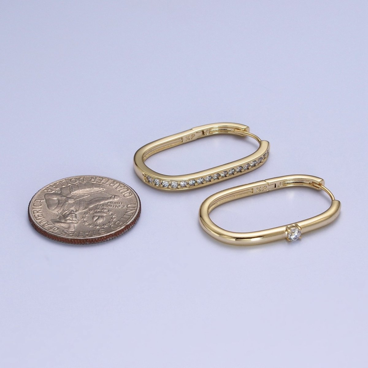 14K Gold Filled Mismatched U Shaped Huggie, Micro Paved &amp; Round Cubic Zirconia Oblong Hoop Earrings Set | AD-054
