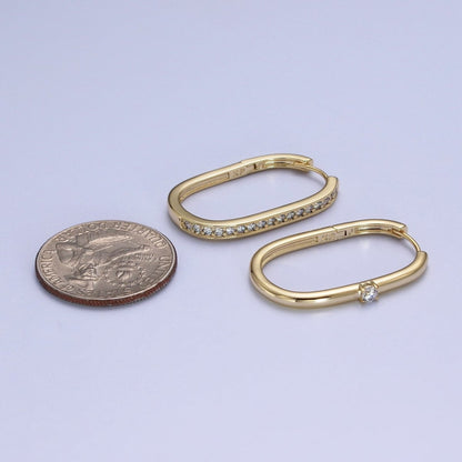 14K Gold Filled Mismatched U Shaped Huggie, Micro Paved &amp; Round Cubic Zirconia Oblong Hoop Earrings Set | AD-054