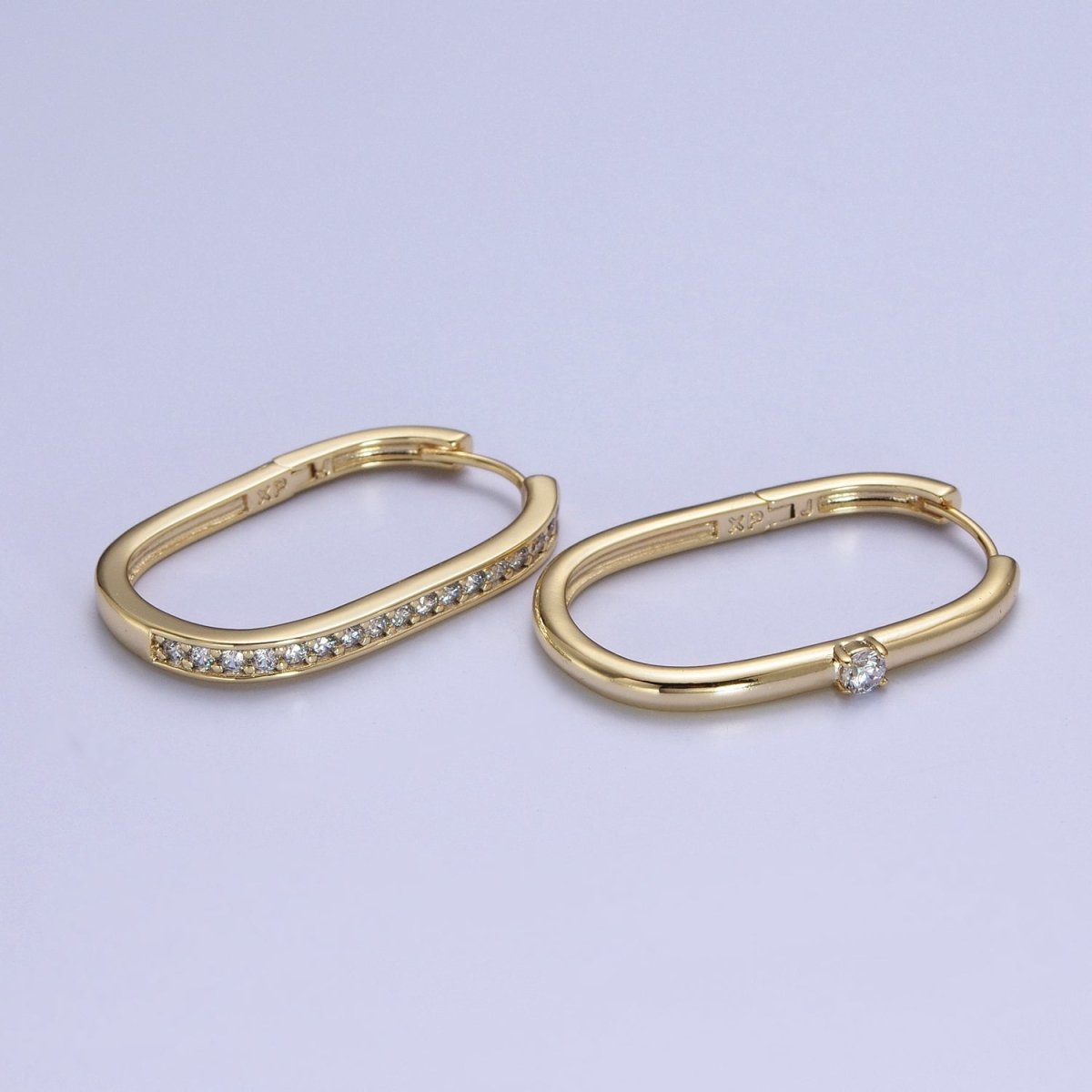 14K Gold Filled Mismatched U Shaped Huggie, Micro Paved &amp; Round Cubic Zirconia Oblong Hoop Earrings Set | AD-054