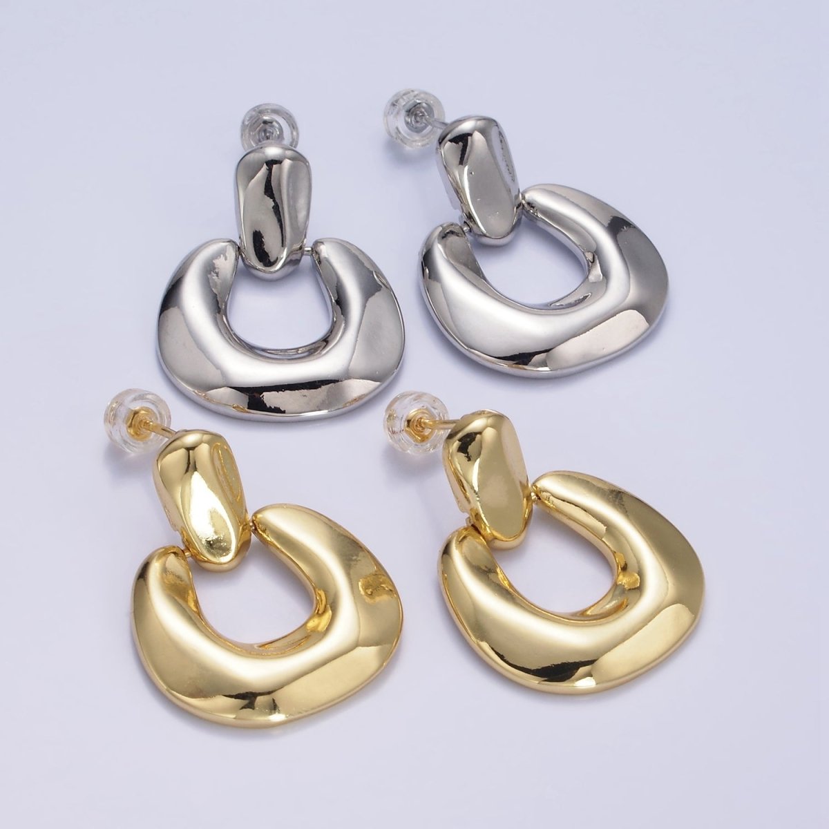 14K Gold Filled Molten Edged Chubby U-Shaped Bar Drop Stud Earrings in Gold &amp; Silver | AE447 AE448