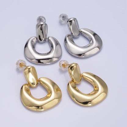14K Gold Filled Molten Edged Chubby U-Shaped Bar Drop Stud Earrings in Gold &amp; Silver | AE447 AE448