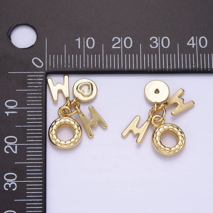 14K Gold Filled "MOM" Script Heart CZ Dotted Open Round Drop Charm | AG629