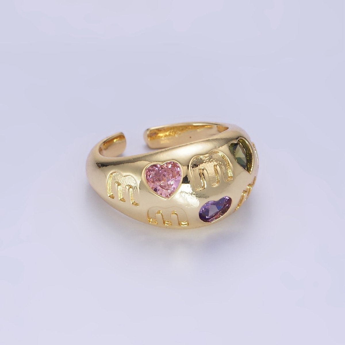 14K Gold Filled "MOM" Script Multicolor CZ Heart Chubby Signet Ring in Gold &amp; Silver | O1337 O1338