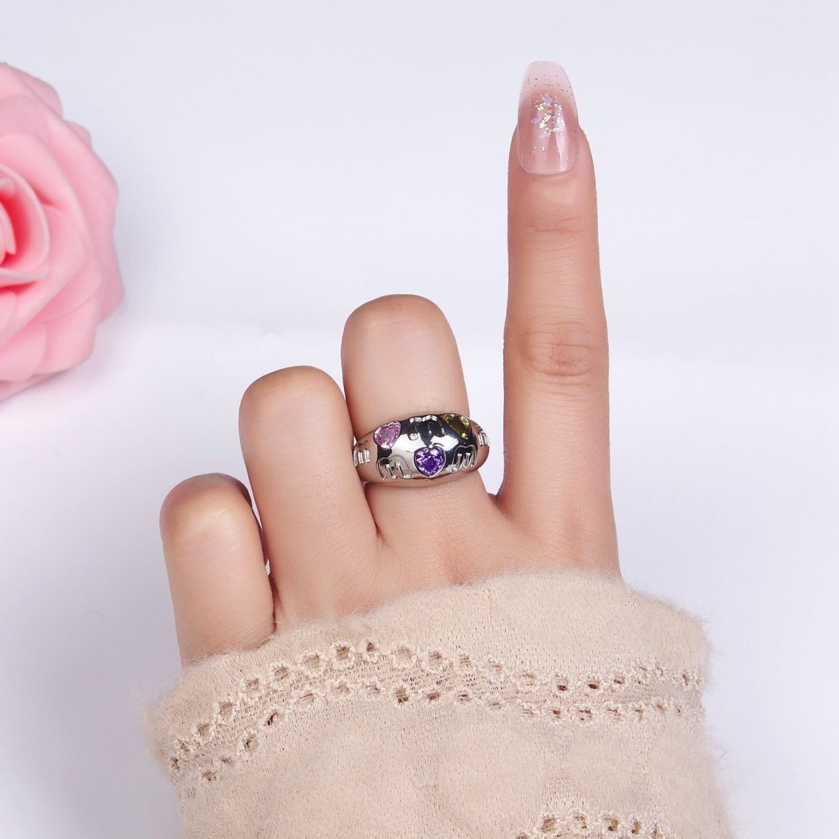 14K Gold Filled "MOM" Script Multicolor CZ Heart Chubby Signet Ring in Gold &amp; Silver | O1337 O1338