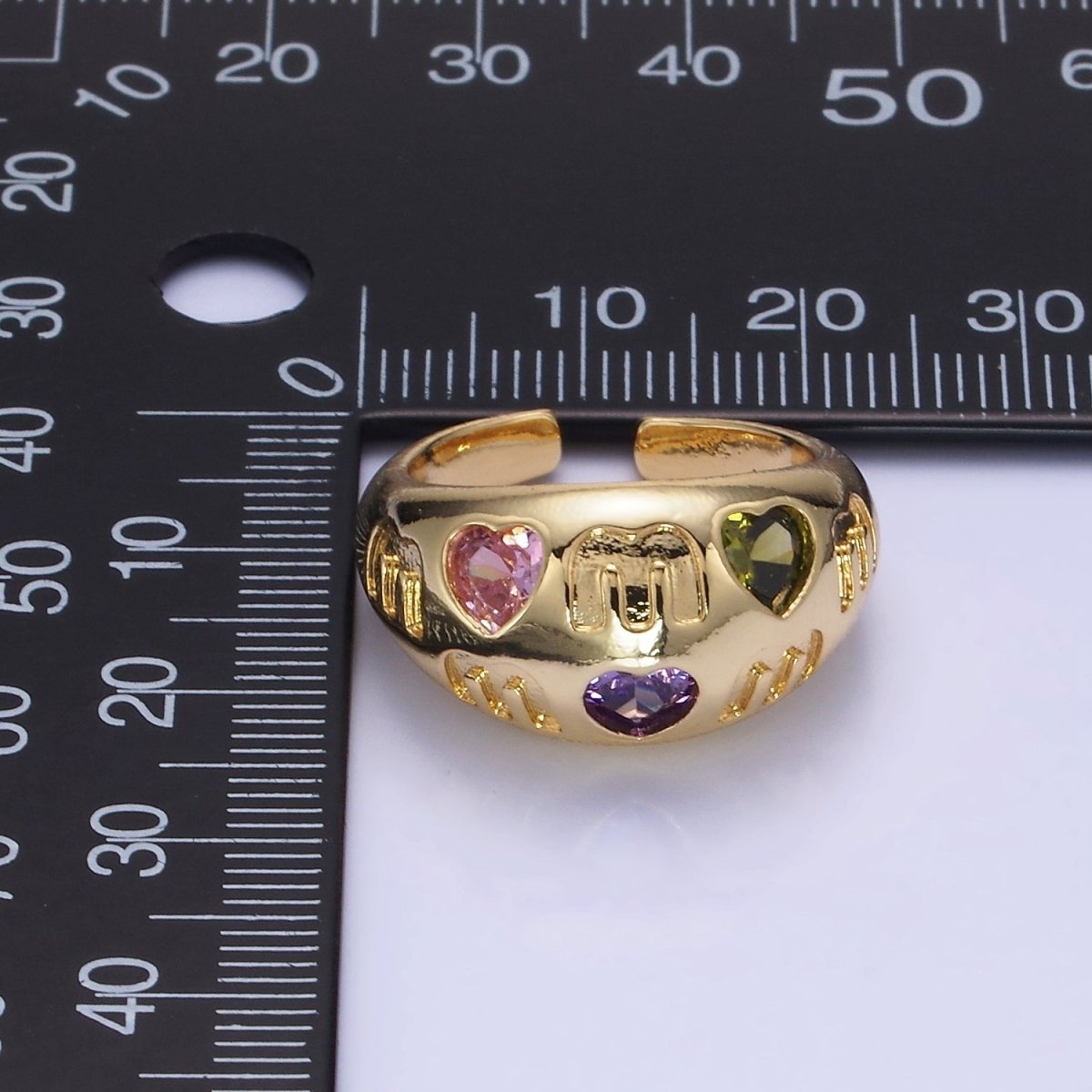 14K Gold Filled "MOM" Script Multicolor CZ Heart Chubby Signet Ring in Gold &amp; Silver | O1337 O1338