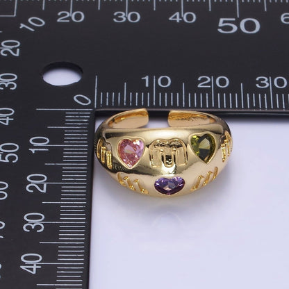 14K Gold Filled "MOM" Script Multicolor CZ Heart Chubby Signet Ring in Gold &amp; Silver | O1337 O1338
