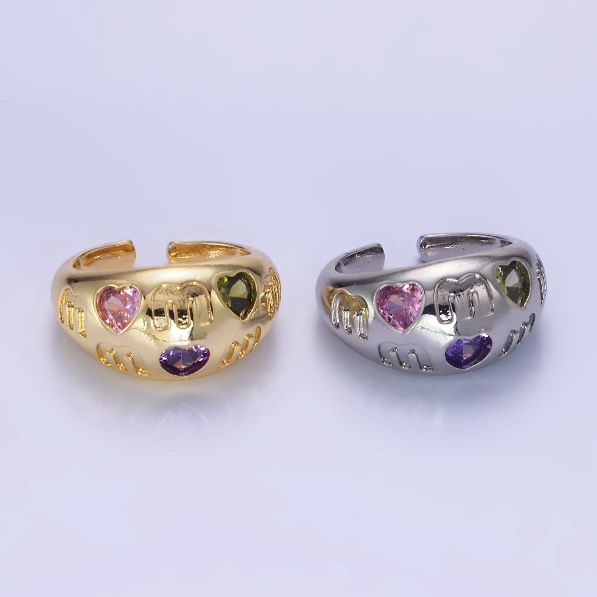14K Gold Filled "MOM" Script Multicolor CZ Heart Chubby Signet Ring in Gold &amp; Silver | O1337 O1338