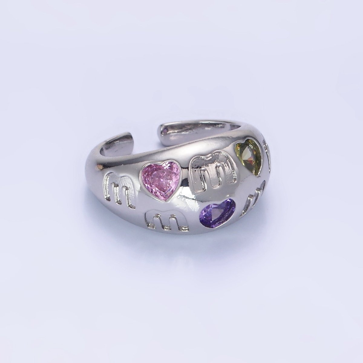 14K Gold Filled "MOM" Script Multicolor CZ Heart Chubby Signet Ring in Gold &amp; Silver | O1337 O1338