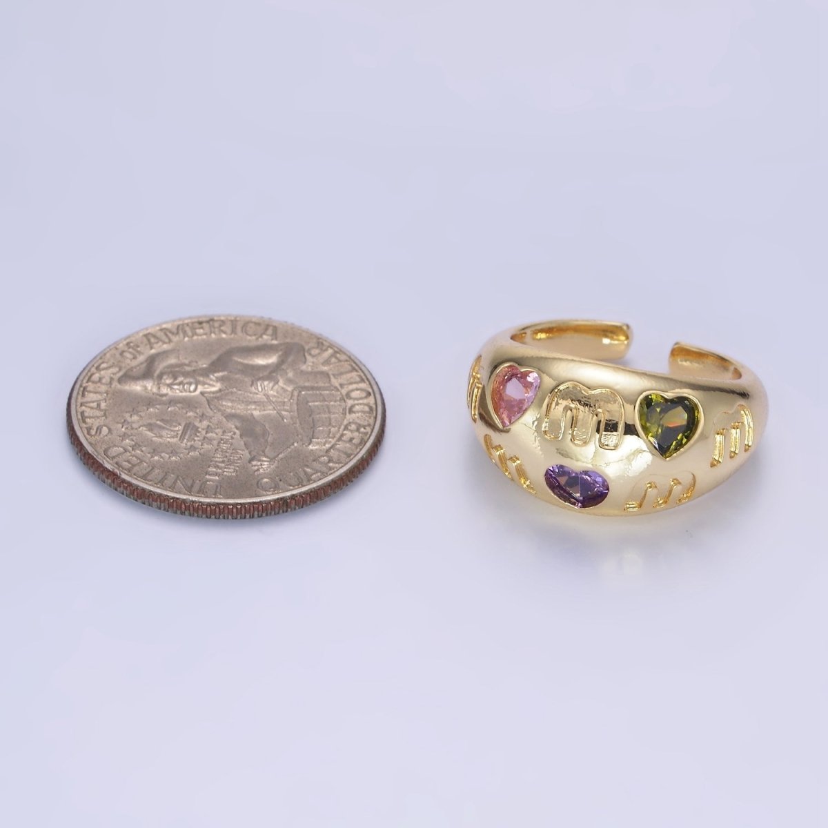 14K Gold Filled "MOM" Script Multicolor CZ Heart Chubby Signet Ring in Gold &amp; Silver | O1337 O1338