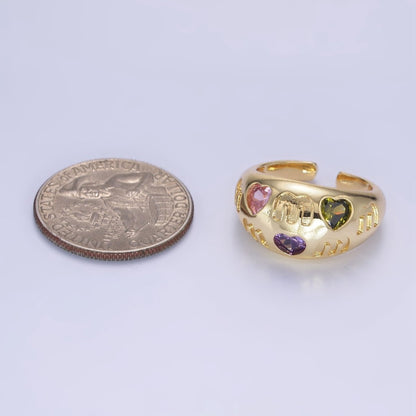 14K Gold Filled "MOM" Script Multicolor CZ Heart Chubby Signet Ring in Gold &amp; Silver | O1337 O1338